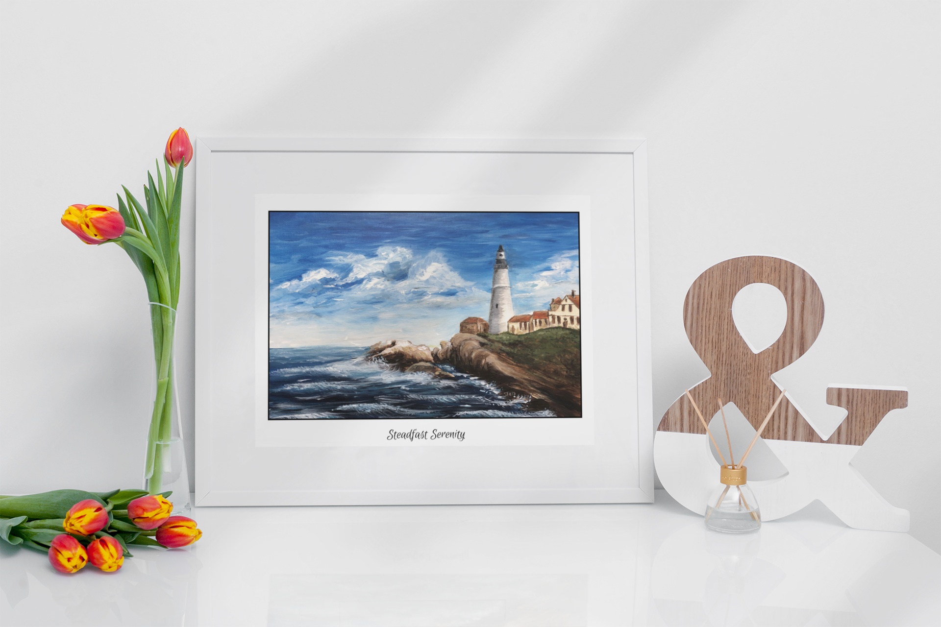 Image of a lighthouse with soft waves crashing on the rocks with text "Steadfast Serenity"