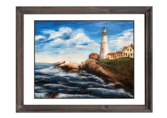 Painting of a lighthouse with rolling waves